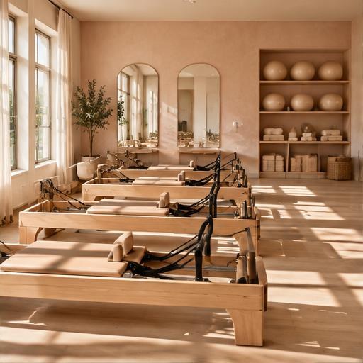 Illustrative row of reformers in a warm, arched studio