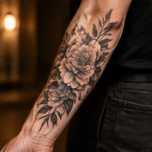 Illustrative botanical tattoo on a forearm