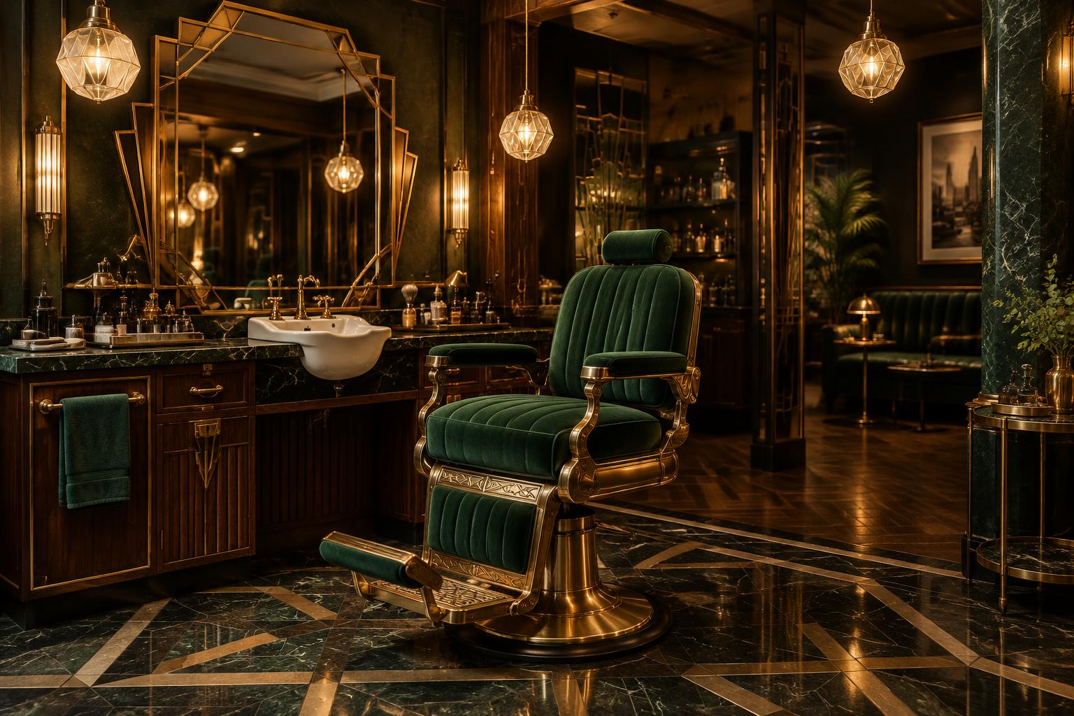 Illustrative barbershop interior with a green chair